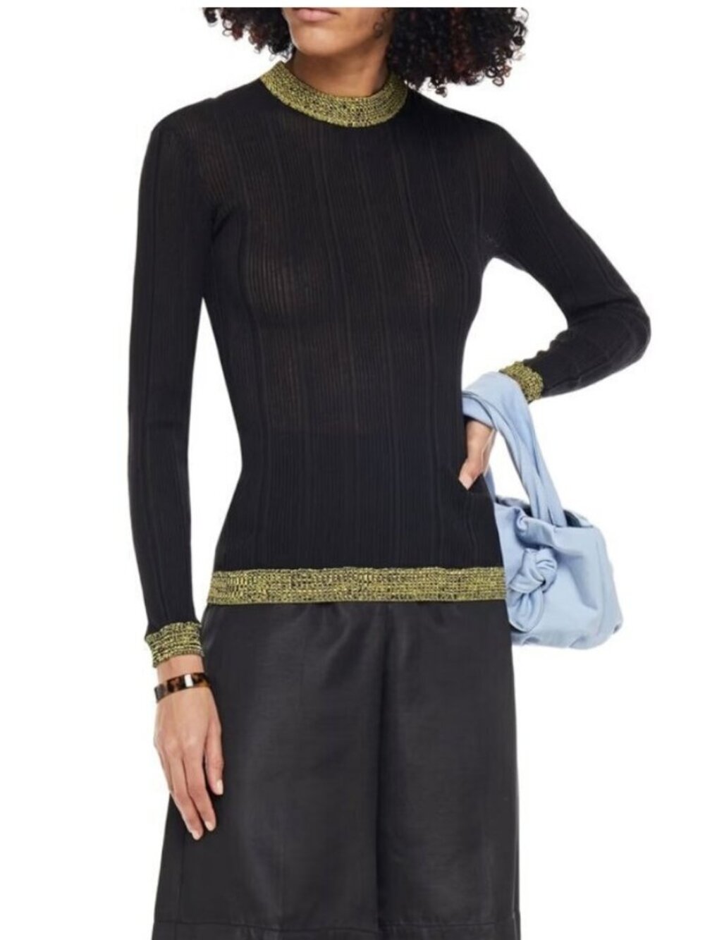 GANNI Black Ribbed Knit Sweater Metallic Trim Crewneck Cotton Blend Small S